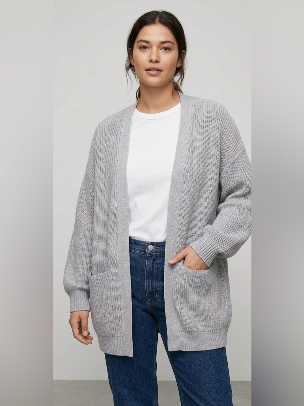 Aritzia Wilfred Free Heather Grey Knit Open Front Cardigan Sweater with Pockets